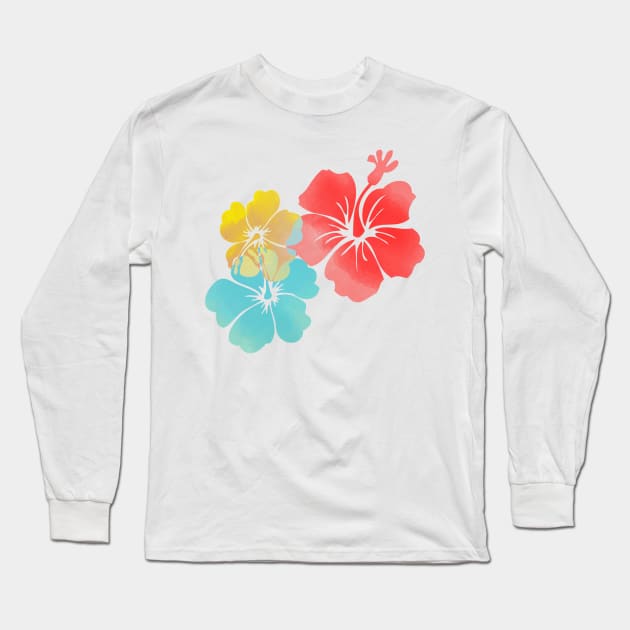 Hawaii Hibiscus, Orange, Yellow and Aqua Blue Long Sleeve T-Shirt by PixDezines